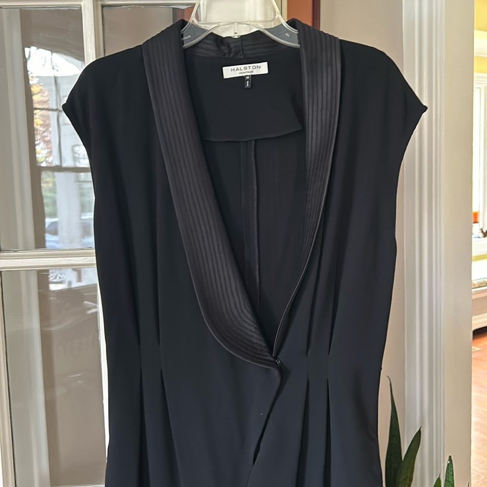Black “evening” jumpsuit with elegant satin lapel. Missing fabric belt.